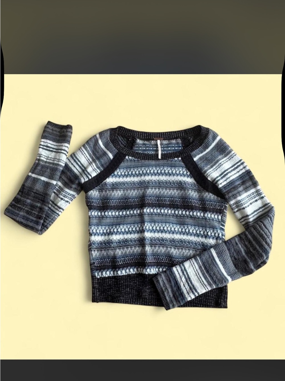 Free People navy and gray striped fair isle crew sweater